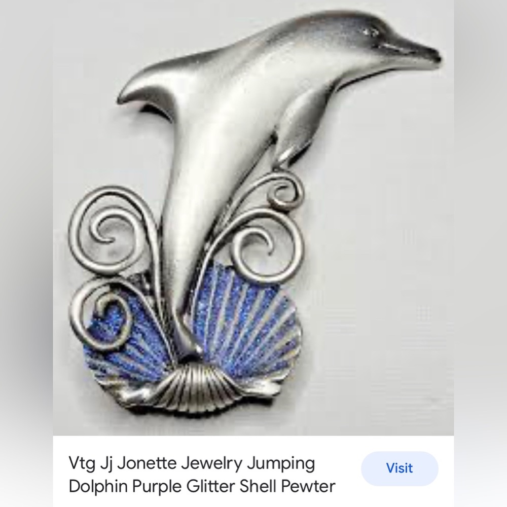 Signed vintage JJ jumping dolphin pewter brooch with purple glitter